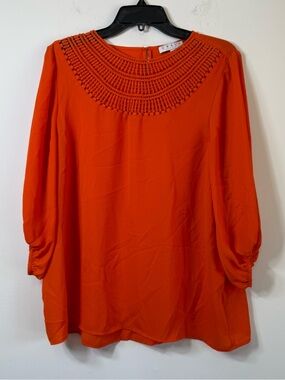 Chaus New York Vibrant Orange Crochet Yoke Peasant Blouse Size Medium
